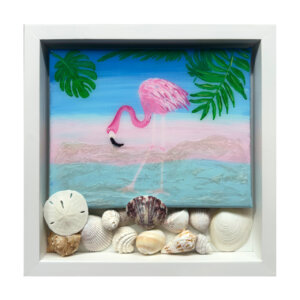 Flamingo in Shadow Box with Shells (9x7)