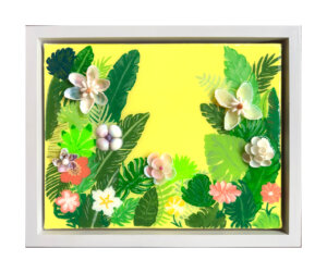 Shell Flowers and Leaves on Yellow Background (11x14)